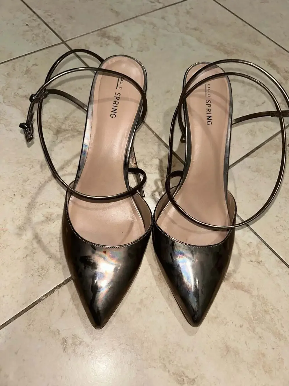 Call It Spring Gunmetal Metallic Pointed Toe Ankle Strap Stiletto Heels